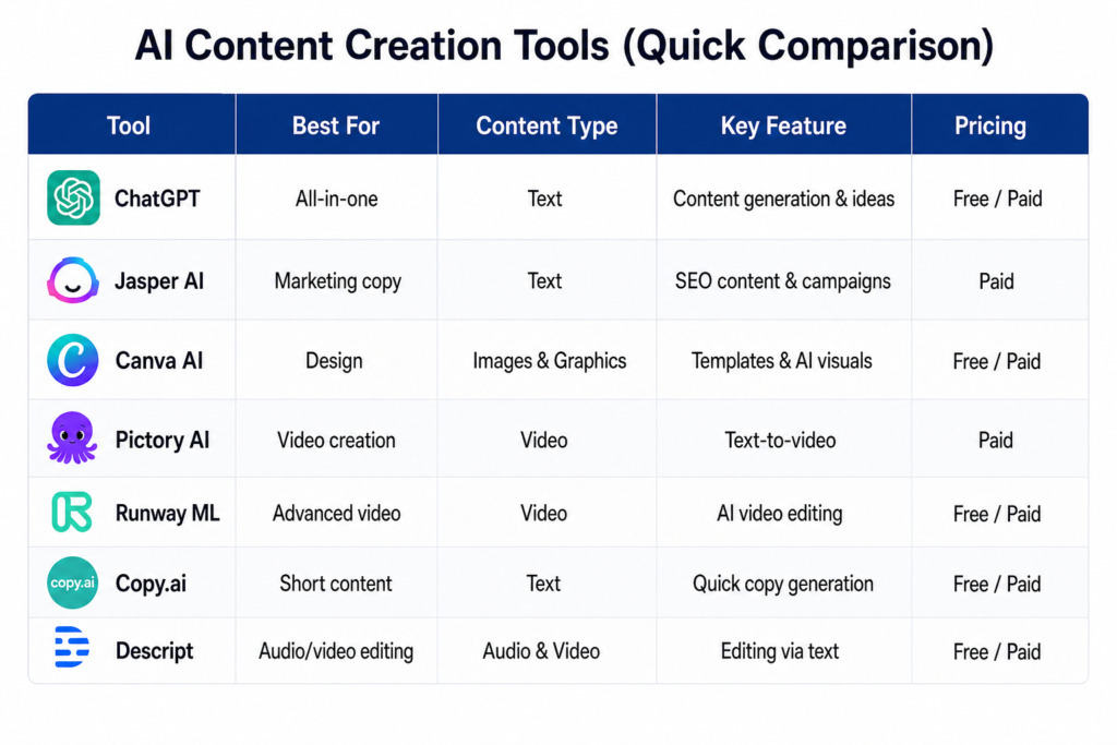 AI-Content-Creation-Tools(Quick Comparison).